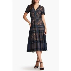 Tadashi Shoji Lace & Mesh Midi Cocktail Dress Navy Tan Size 14 NWT Wedding Guest